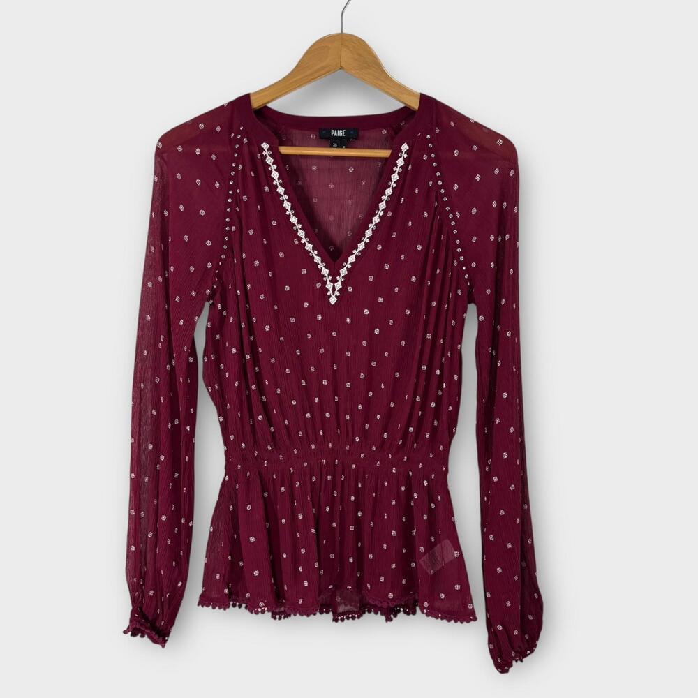 Paige Women’s Size XS Red White Embroidered Detail Lightweight Peplum Blouse